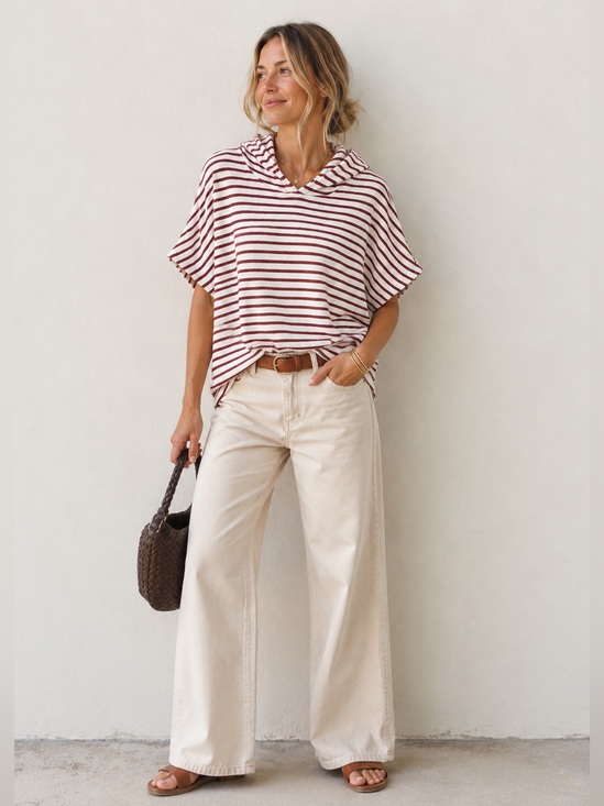 sundays Tops - Sun Days BurgundyIvory Striped Hooded Poncho Top Distressed Trim Boho Oversized